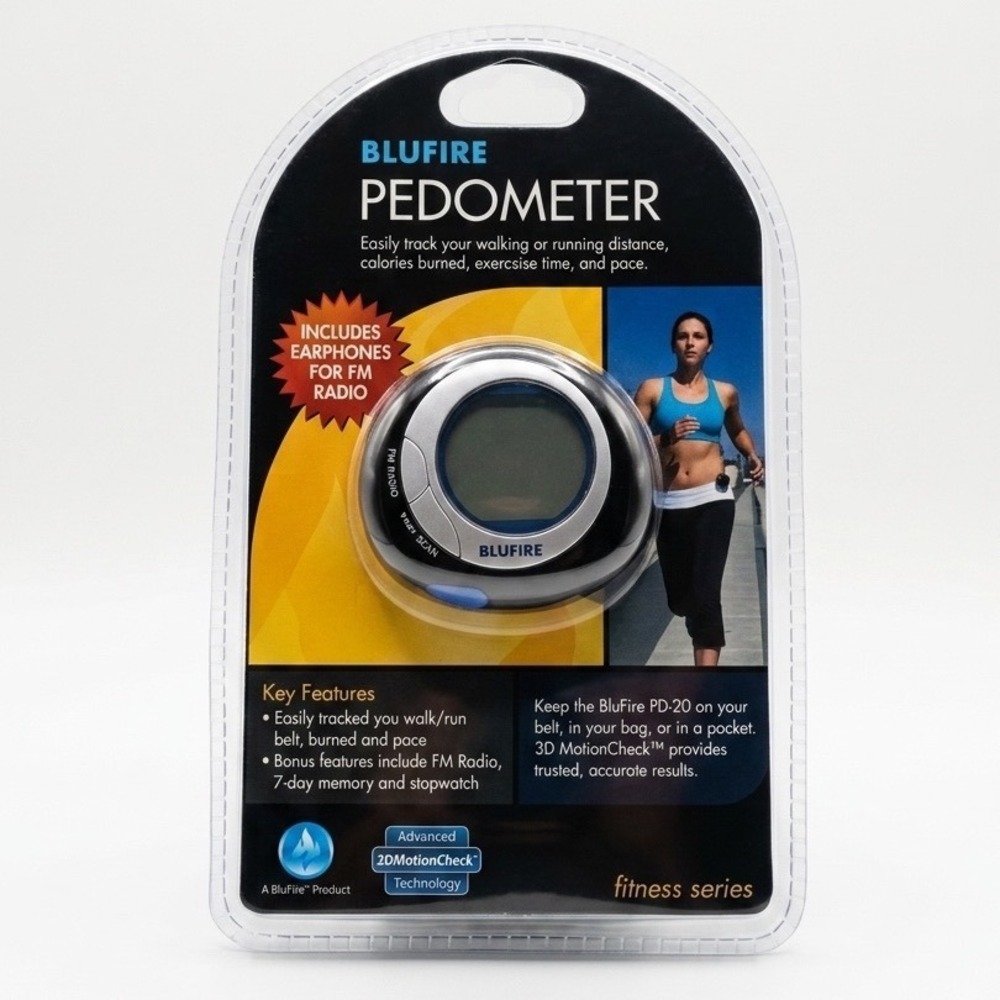 BluFire PD-20 Pedometer 3D MotionCheck FM Radio Fitness Tracker Silver Blue NEW